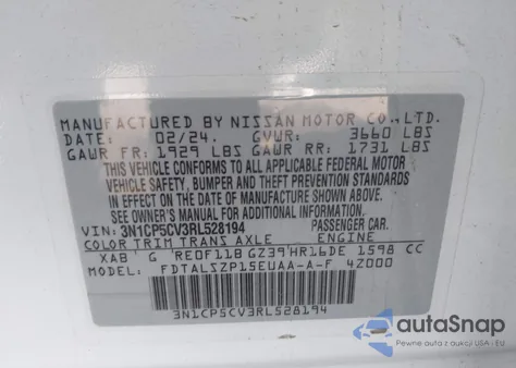 2024 Nissan Kicks Sv Xtronic Cvt из США, поврежденный, VIN 3N1CP5CV3RL528194